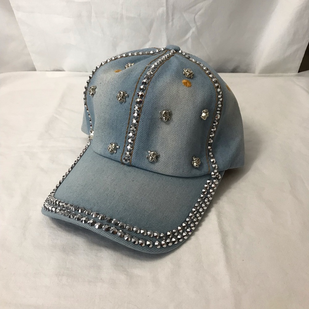 Studded Denim Cap with Rhinestones and Skulls